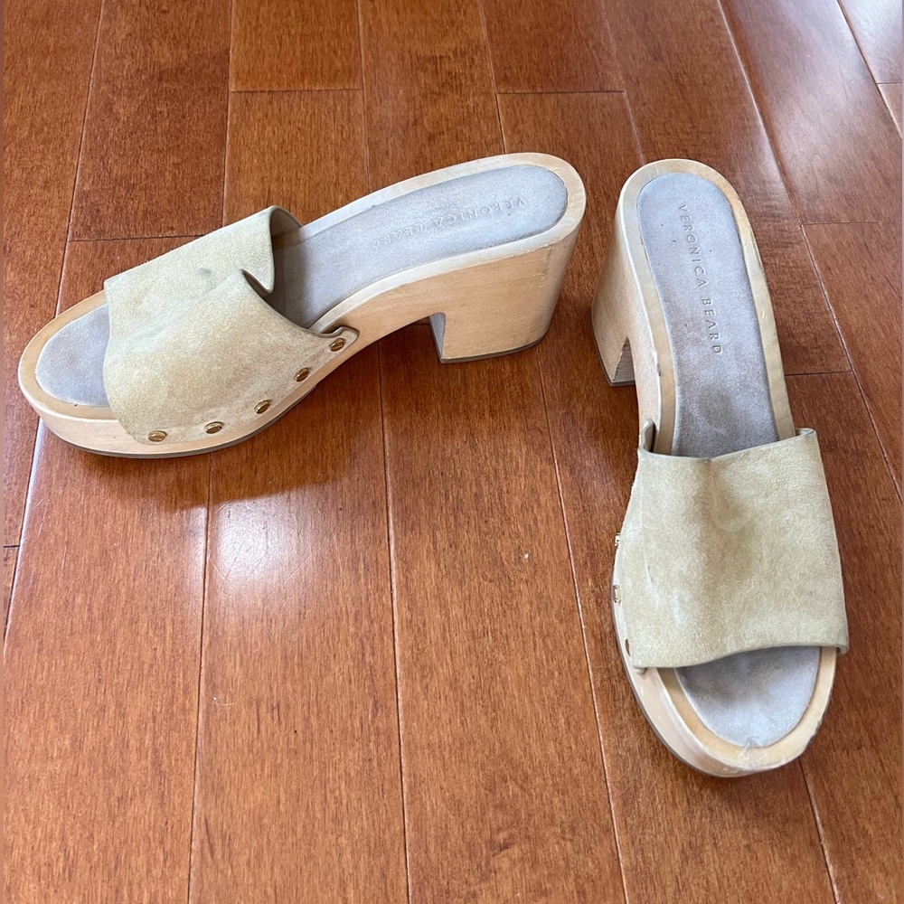 Veronica Beard Tan Desert Calfskin Suede Hannalee Clog Sandals Shoes Sz. 10 - Picture 2 of 9